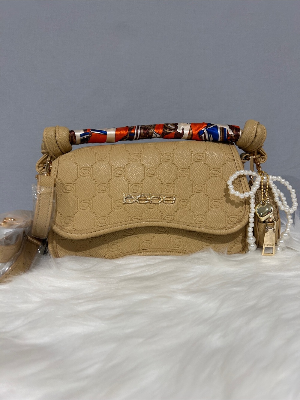 bebe Romina Embossed Crossbody with Coin Pouch in Beige with Removable Scarf NWT